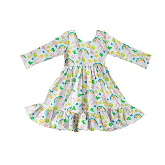 preorder GLD1430 St Patrick Clover Rainbow Heart Green Long Sleeve Girls Dress