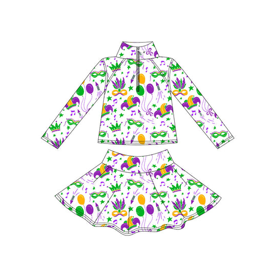 preorder GLD1432 Yoga Mardi Gras Mask Zipper Long Sleeve Skorts Skirts Girls Set