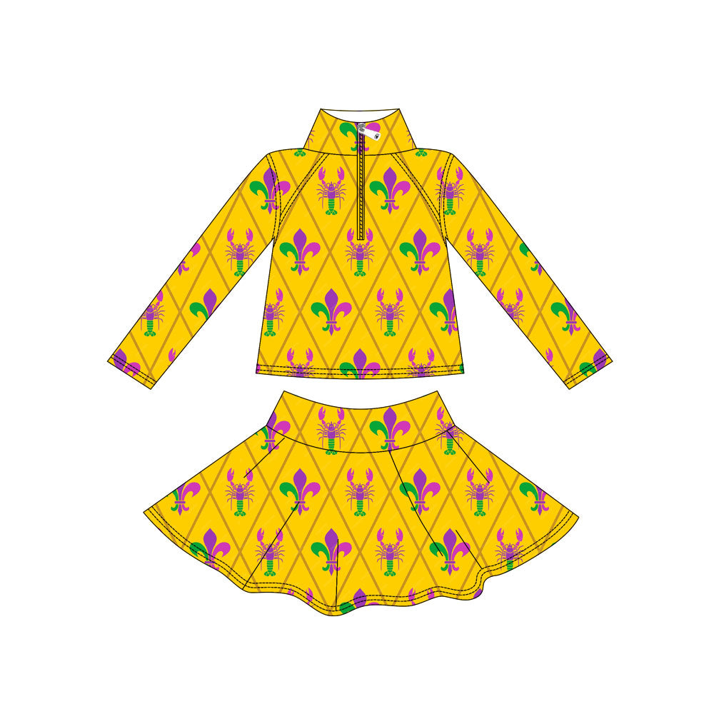 preorder GLD1433 Yoga Mardi Gras Crayfish Yellow Zipper Long Sleeve Skorts Skirts Girls Set