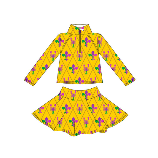 preorder GLD1433 Yoga Mardi Gras Crayfish Yellow Zipper Long Sleeve Skorts Skirts Girls Set