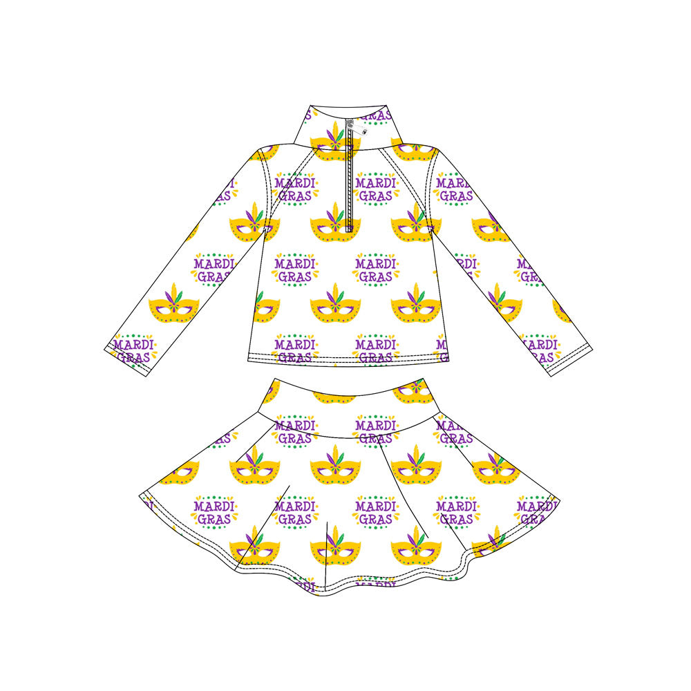 preorder GLD1434 Yoga Mardi Gras Mask Zipper Long Sleeve Skorts Skirts Girls Set