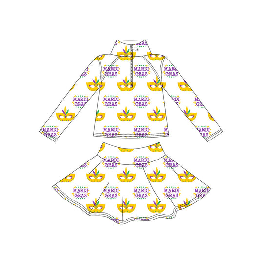 preorder GLD1434 Yoga Mardi Gras Mask Zipper Long Sleeve Skorts Skirts Girls Set