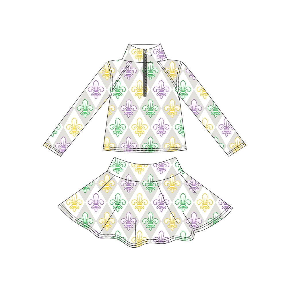 preorder GLD1436 Yoga Mardi Gras Zipper Long Sleeve Skorts Skirts Girls Set