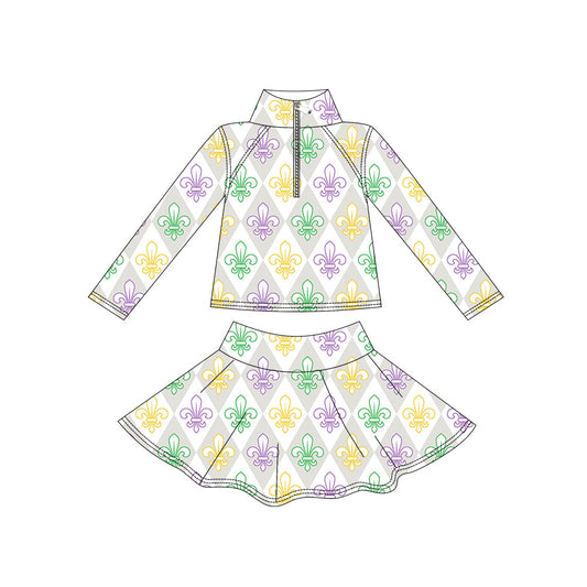 preorder GLD1436 Yoga Mardi Gras Zipper Long Sleeve Skorts Skirts Girls Set