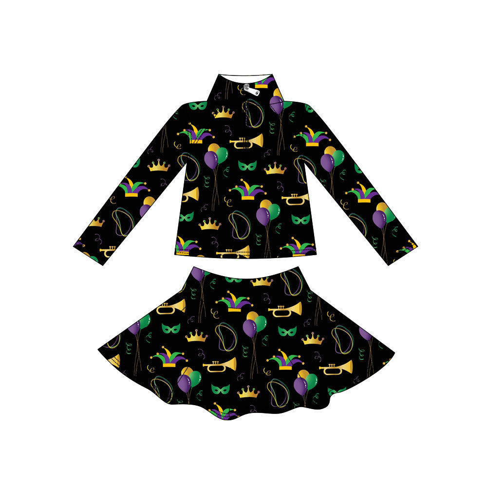 preorder GLD1438 Yoga Mardi Gras Mask Black Zipper Long Sleeve Skorts Skirts Girls Set