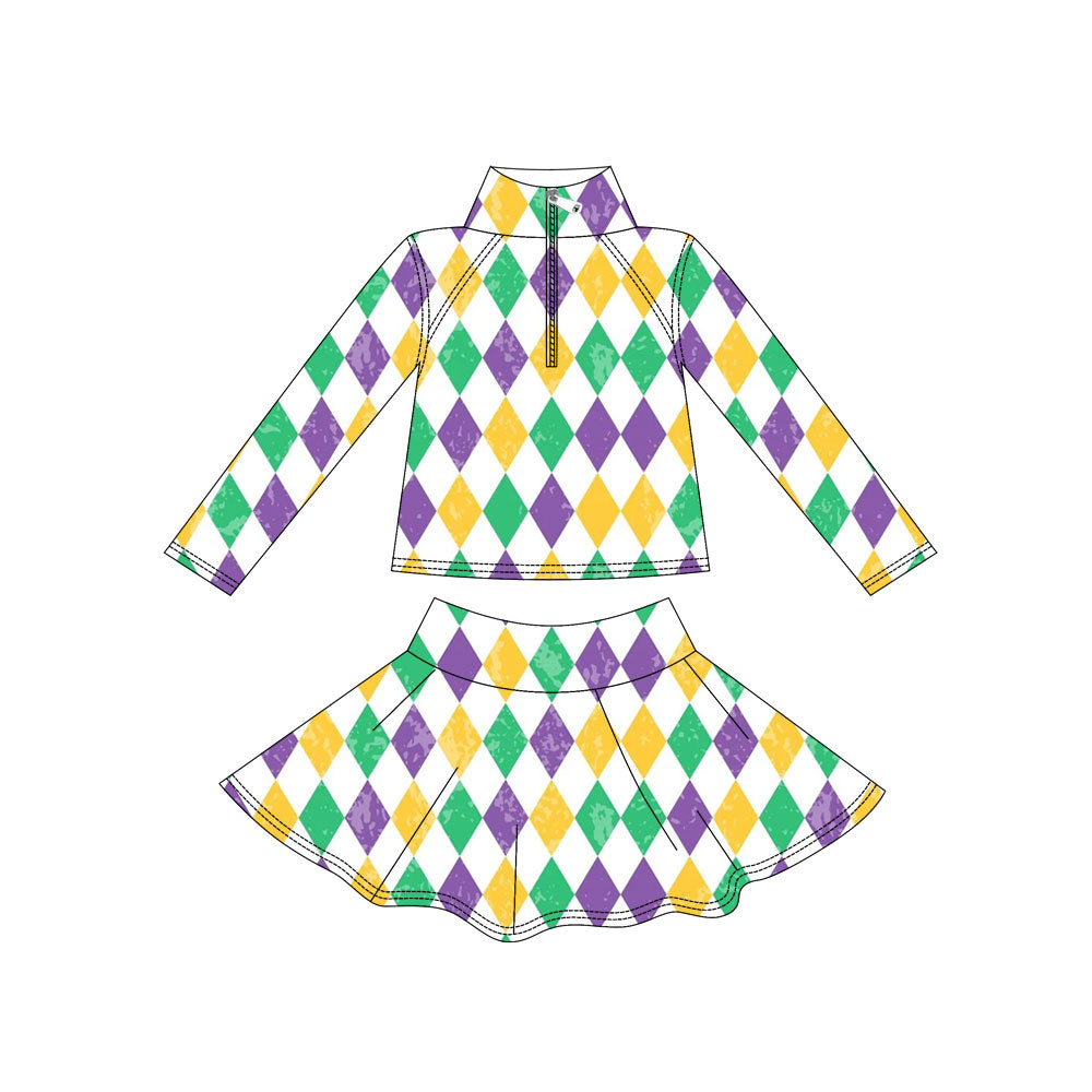 preorder GLD1439 Yoga Mardi Gras Zipper Long Sleeve Skorts Skirts Girls Set