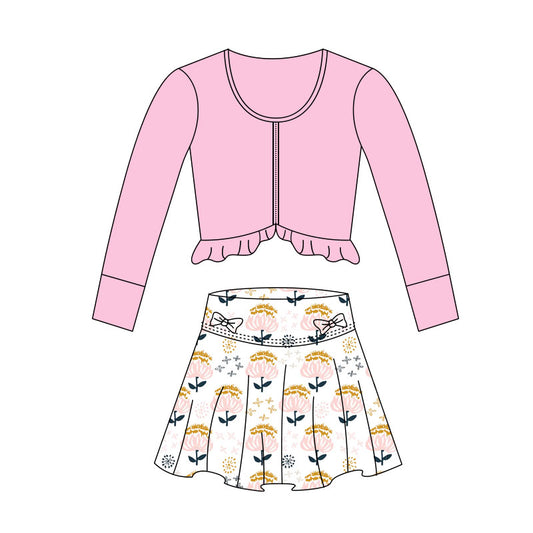 preorder GLD1458 Yoga Pink Zipper Long Sleeve Flowers Skorts Skirts Girls Set