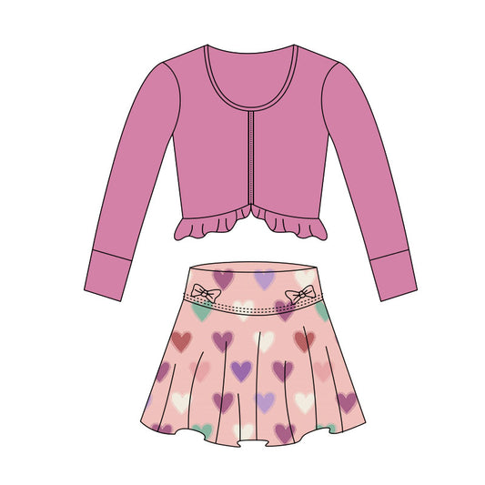 preorder GLD1459 Yoga Hot Pink Zipper Long Sleeve Heart Skorts Skirts Girls Set