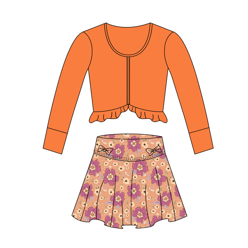 preorder GLD1460 Yoga Orange Zipper Long Sleeve Flowers Skorts Skirts Girls Set