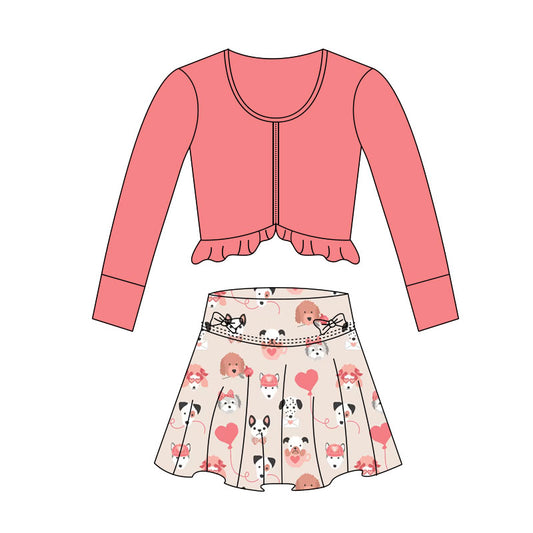 preorder GLD1461 Yoga Pink Zipper Long Sleeve Heart Dog Skorts Skirts Girls Set
