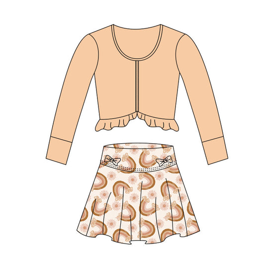 preorder GLD1462 Yoga Light Orange Zipper Long Sleeve Heart Flowers Skorts Skirts Girls Set