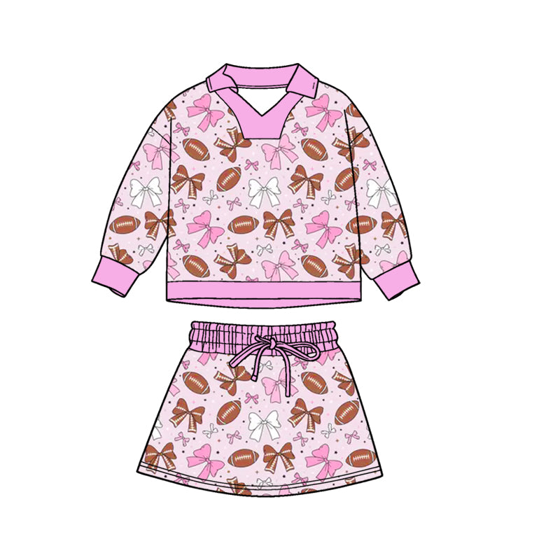 preorder GLD1467 Football Bow Hot Pink Long Sleeve Skorts Skirts Girls Set