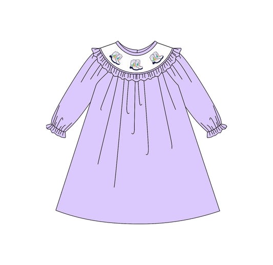 preorder GLD1469 Mardi Gras Boots Purple Long Sleeve Girls Dress