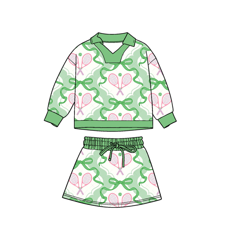 preorder GLD1471 Tennis Bows Green Long Sleeve Skorts Skirts Girls Set