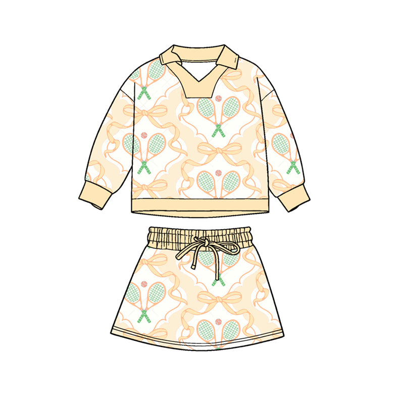 preorder GLD1475 Tennis Bows Yellow Long Sleeve Skorts Skirts Girls Set