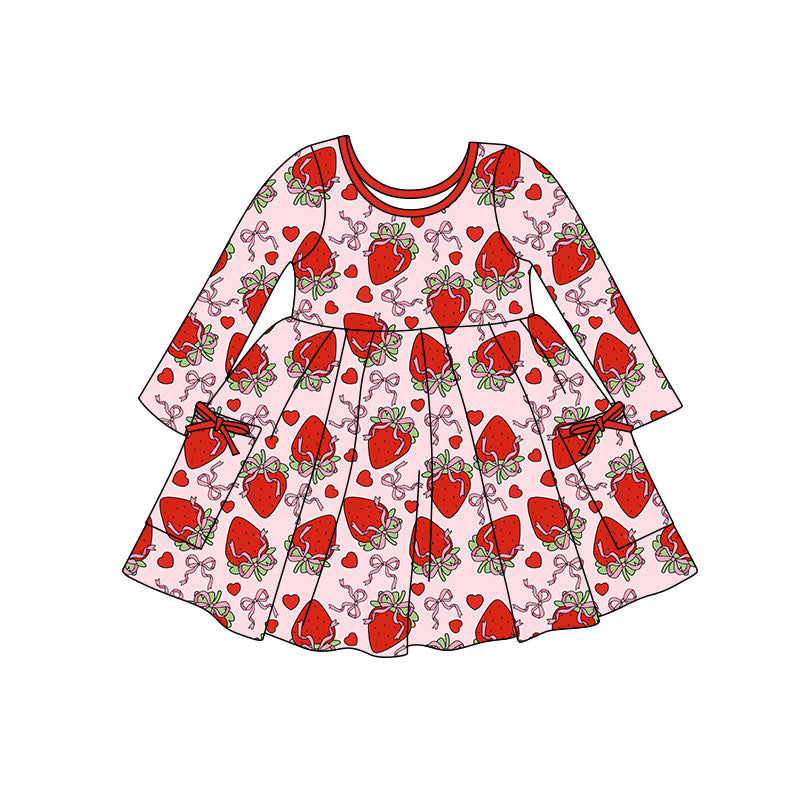 preorder GLD1489 Valentine's Day Heart Strawberry Bows Long Sleeve Girls Dress