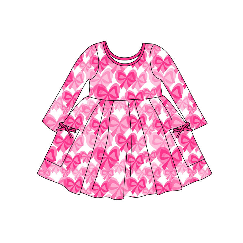 preorder GLD1492 Valentine's Day Hot Pink Bows Long Sleeve Girls Dress