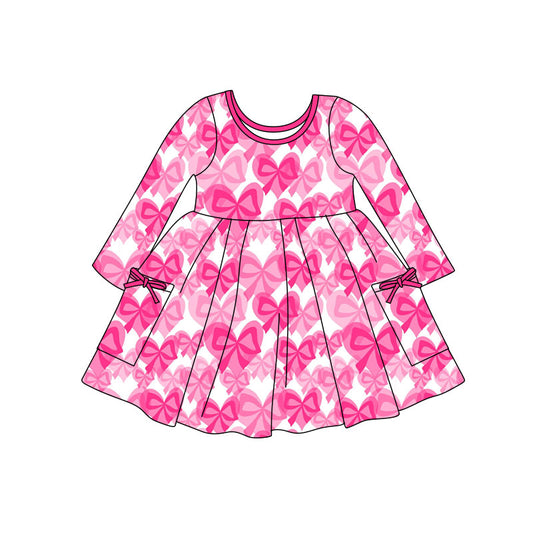 preorder GLD1492 Valentine's Day Hot Pink Bows Long Sleeve Girls Dress