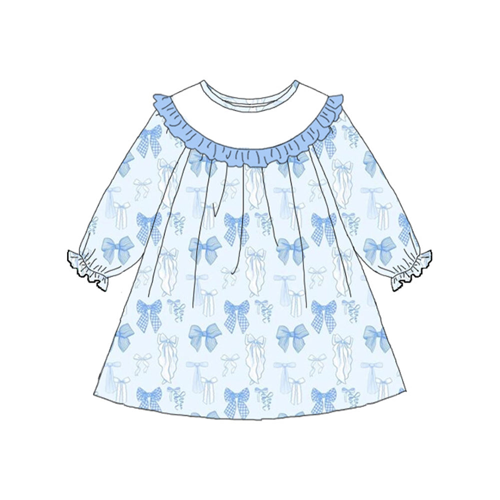 preorder GLD1497 Valentine's Day Blue Bows Long Sleeve Girls Dress