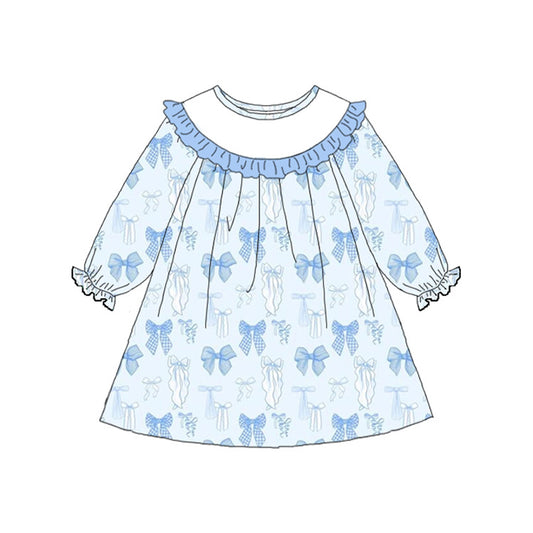 preorder GLD1497 Valentine's Day Blue Bows Long Sleeve Girls Dress
