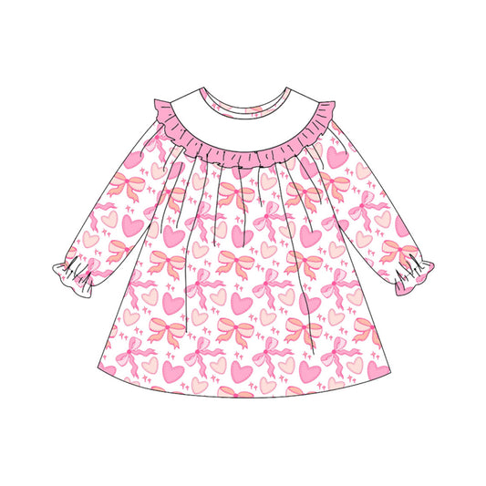 preorder GLD1498 Valentine's Day Pink Heart Bows Long Sleeve Girls Dress