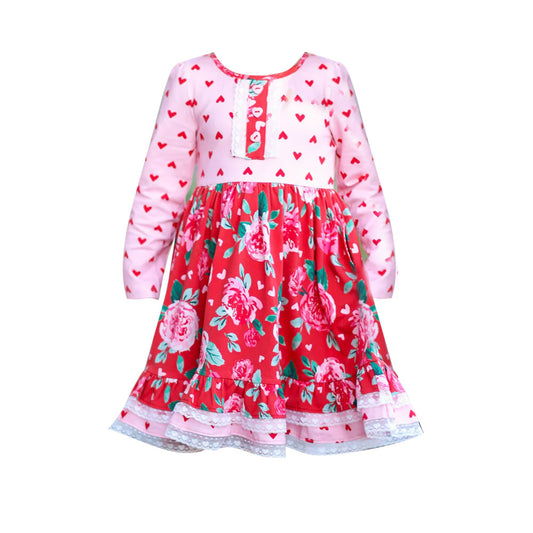 preorder GLD1499 Valentine's Day Heart Flowers Long Sleeve Girls Dress