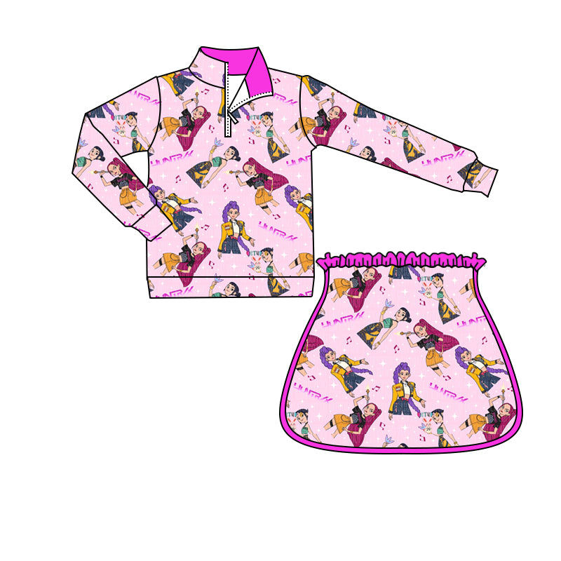 preorder GLD1500 K Hunter Pink Zipper Long Sleeve Skorts Skirts Girls Set