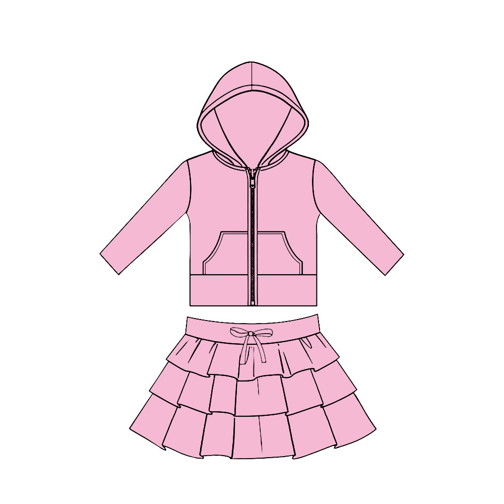 preorder GLD1523 Yoga Pink Zipper Hoodie Pocket Long Sleeve Ruffles Skirts Girls Set