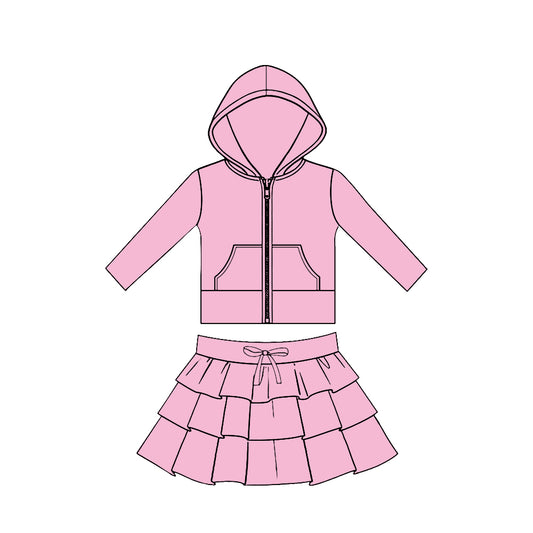 preorder GLD1523 Yoga Pink Zipper Hoodie Pocket Long Sleeve Ruffles Skirts Girls Set