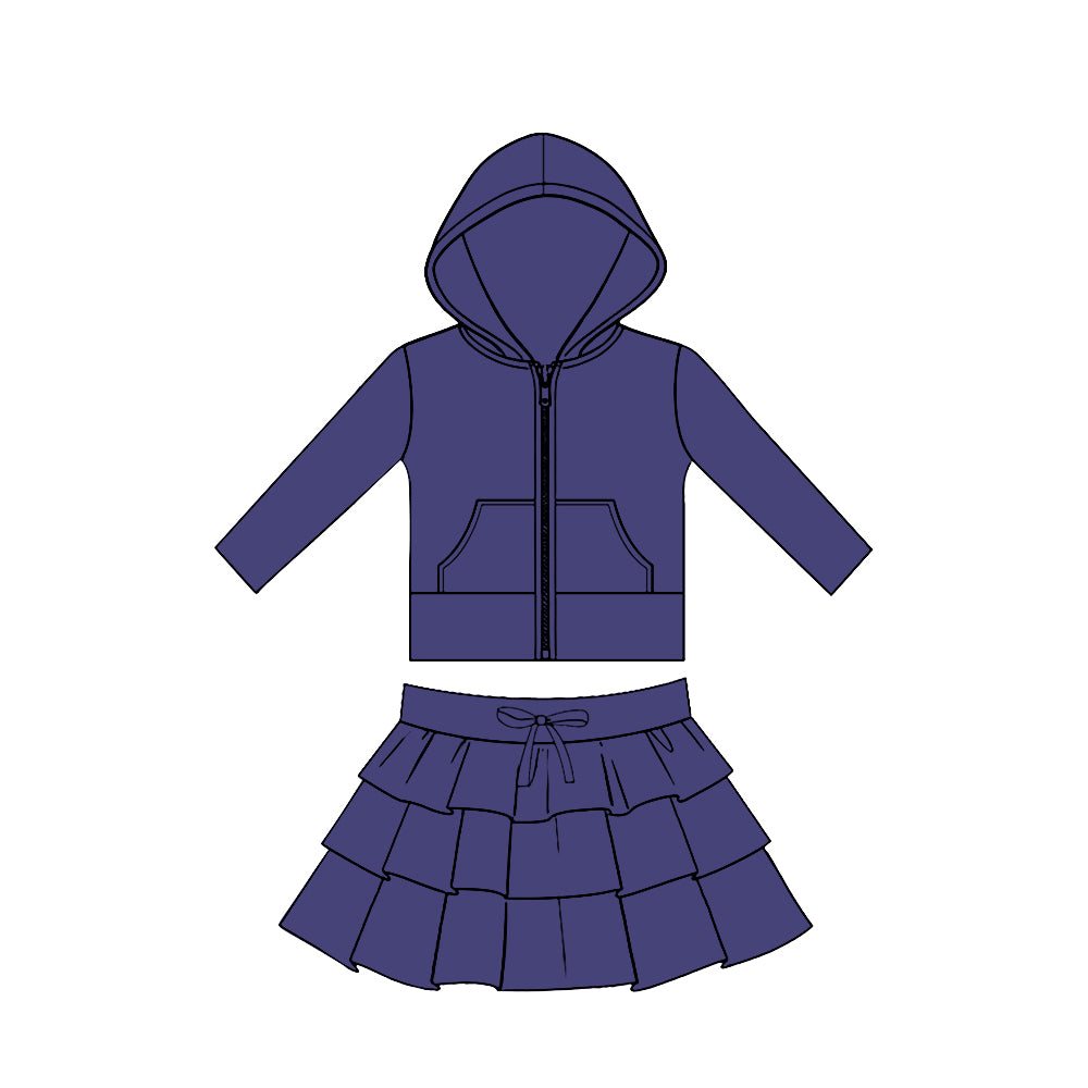 preorder GLD1524 Yoga Purple Zipper Hoodie Pocket Long Sleeve Ruffles Skirts Girls Set
