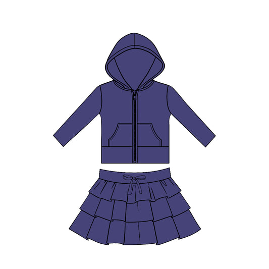 preorder GLD1524 Yoga Purple Zipper Hoodie Pocket Long Sleeve Ruffles Skirts Girls Set