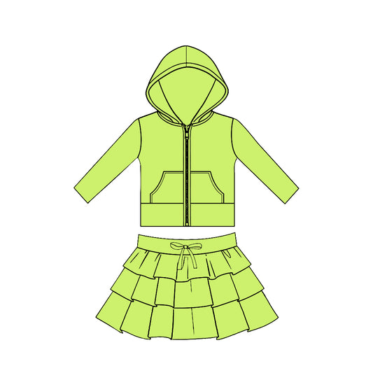 preorder GLD1525 Yoga Green Zipper Hoodie Pocket Long Sleeve Ruffles Skirts Girls Set
