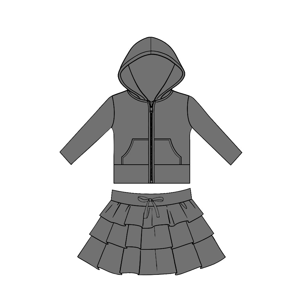 preorder GLD1526 Yoga Grey Zipper Hoodie Pocket Long Sleeve Ruffles Skirts Girls Set
