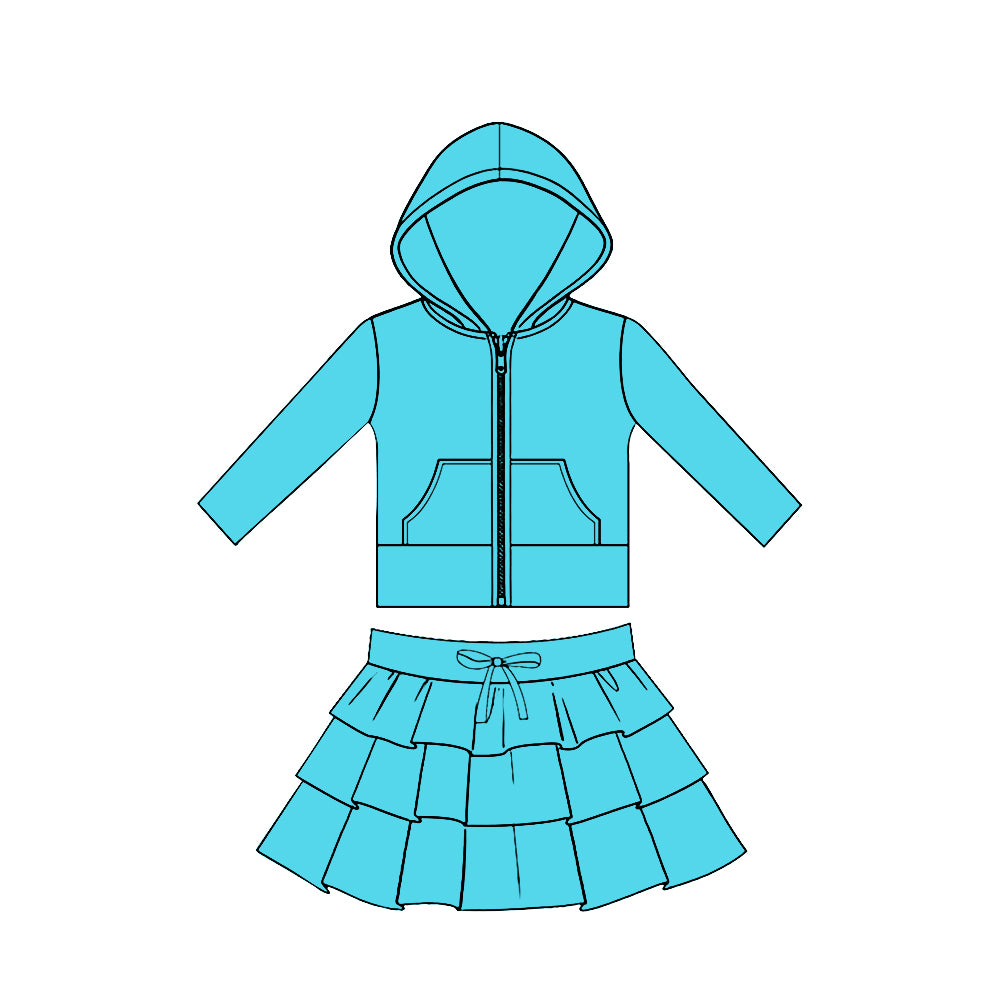 preorder GLD1527 Yoga Blue Zipper Hoodie Pocket Long Sleeve Ruffles Skirts Girls Set