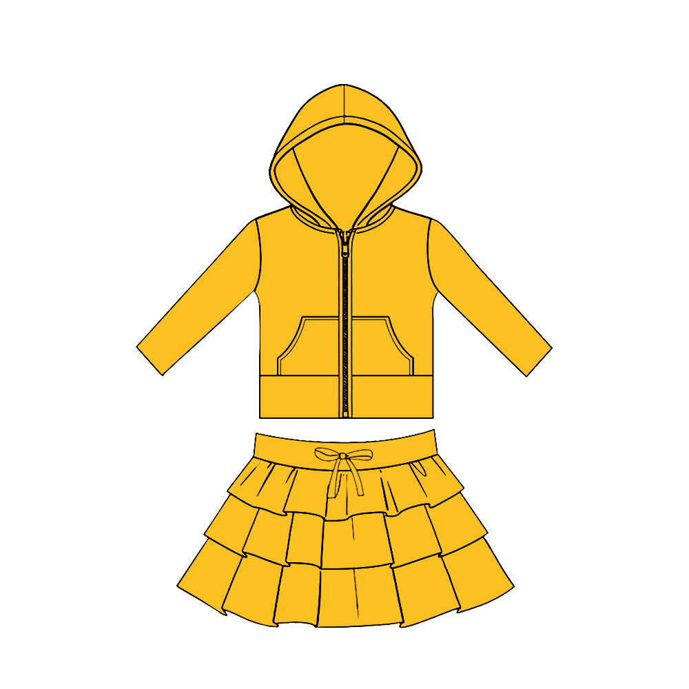preorder GLD1528 Yoga Yellow Zipper Hoodie Pocket Long Sleeve Ruffles Skirts Girls Set
