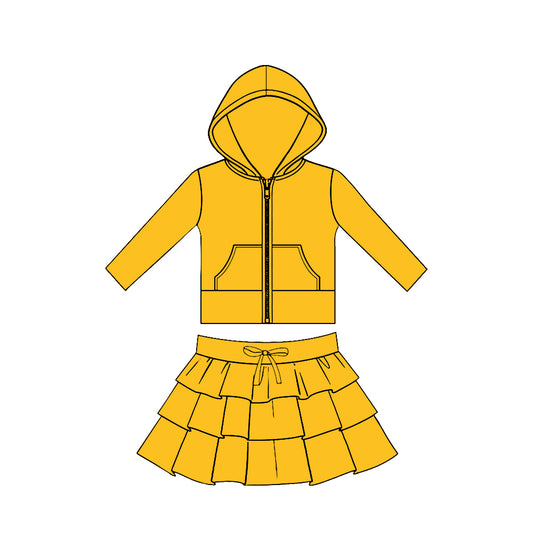 preorder GLD1528 Yoga Yellow Zipper Hoodie Pocket Long Sleeve Ruffles Skirts Girls Set
