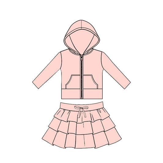 preorder GLD1529 Yoga Light Pink Zipper Hoodie Pocket Long Sleeve Ruffles Skirts Girls Set