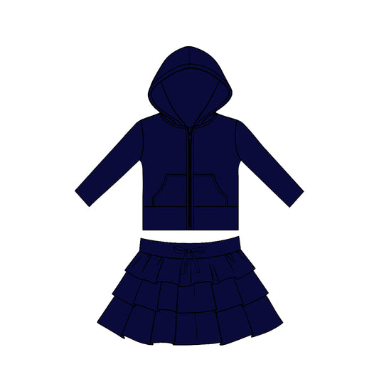 preorder GLD1530 Yoga Navy Blue Zipper Hoodie Pocket Long Sleeve Ruffles Skirts Girls Set