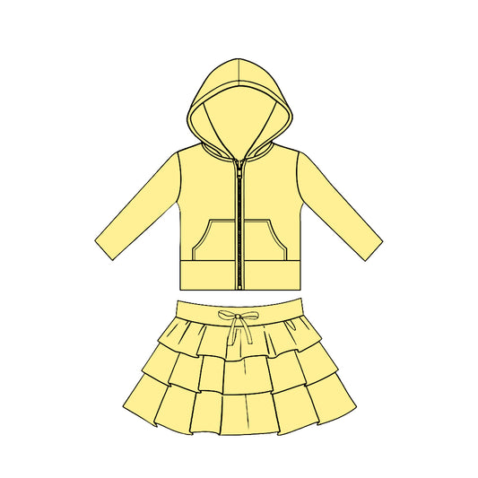 preorder GLD1531 Yoga Light Yellow Zipper Hoodie Pocket Long Sleeve Ruffles Skirts Girls Set