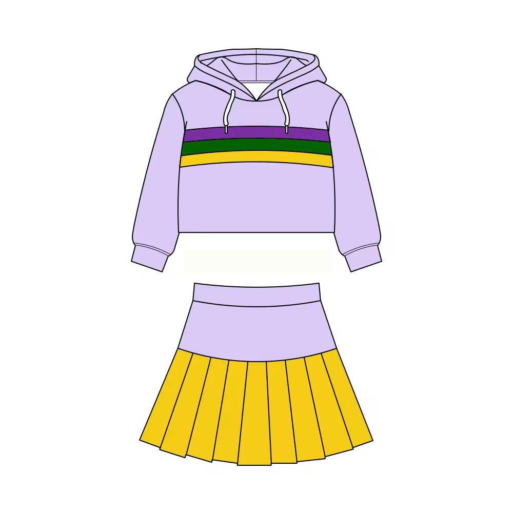 preorder GLD1534 Yoga Mardi Gras Purple Hoodie Long Sleeve Skorts Girls Set