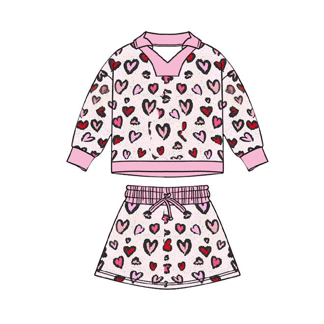 preorder GLD1536 Valentine's Day Pink Heart Long Sleeve Skorts Girls Set