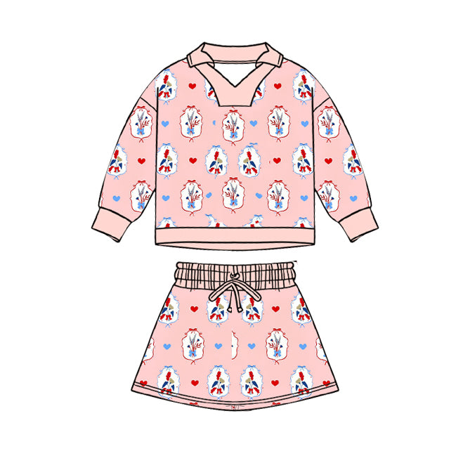 preorder GLD1537 Valentine's Day Pink Heart Flowers Long Sleeve Skorts Girls Set