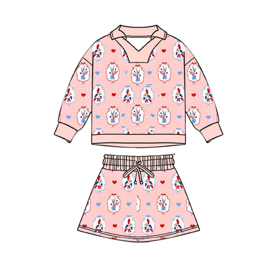 preorder GLD1537 Valentine's Day Pink Heart Flowers Long Sleeve Skorts Girls Set