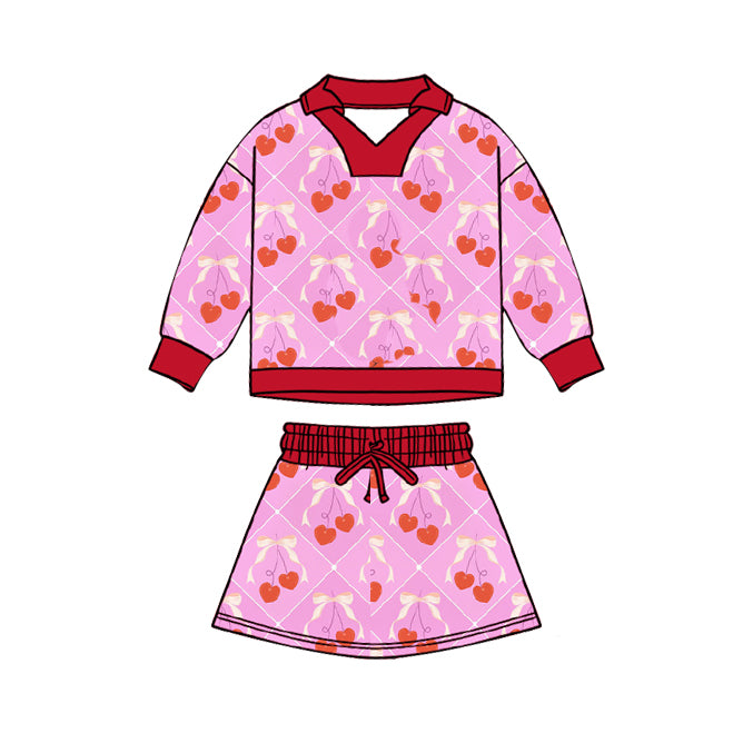 preorder GLD1538 Valentine's Day Hot Pink Cherry Bows Long Sleeve Skorts Girls Set