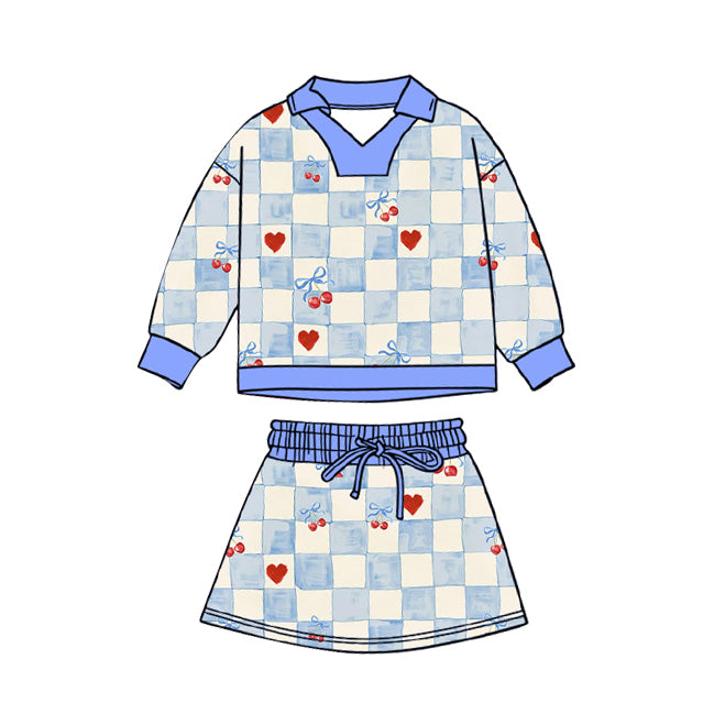 preorder GLD1538 Valentine's Day Blue Cherry Bows Long Sleeve Skorts Girls Set