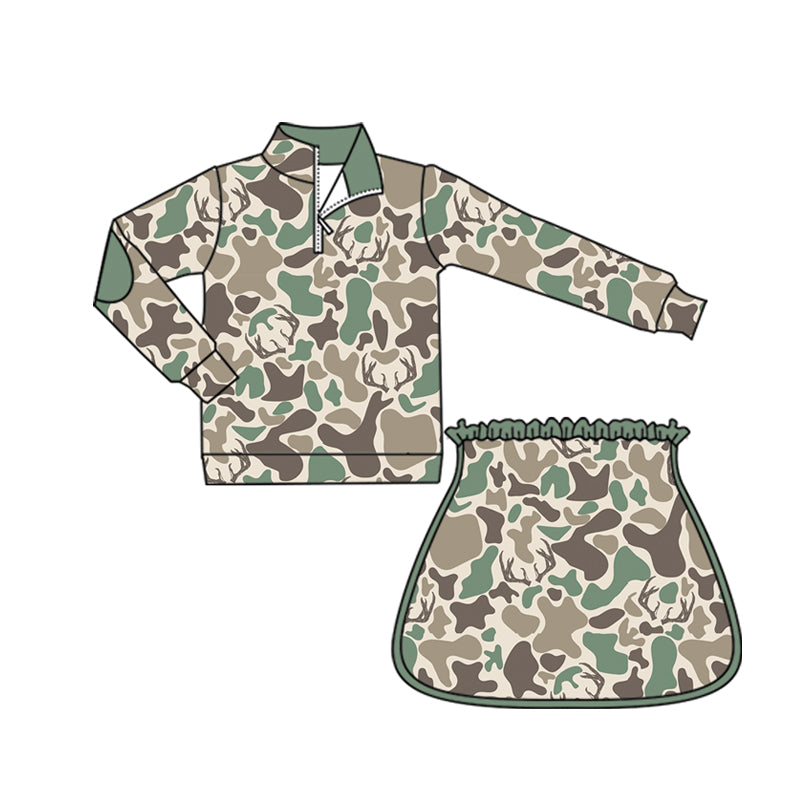 preorder GLD1544 Hunting Camo Deer Zipper Long Sleeve Skorts Girls Set