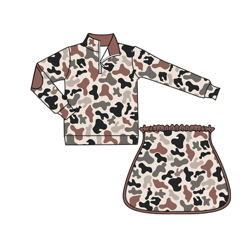 preorder GLD1546 Hunting Camo Zipper Long Sleeve Skorts Girls Set