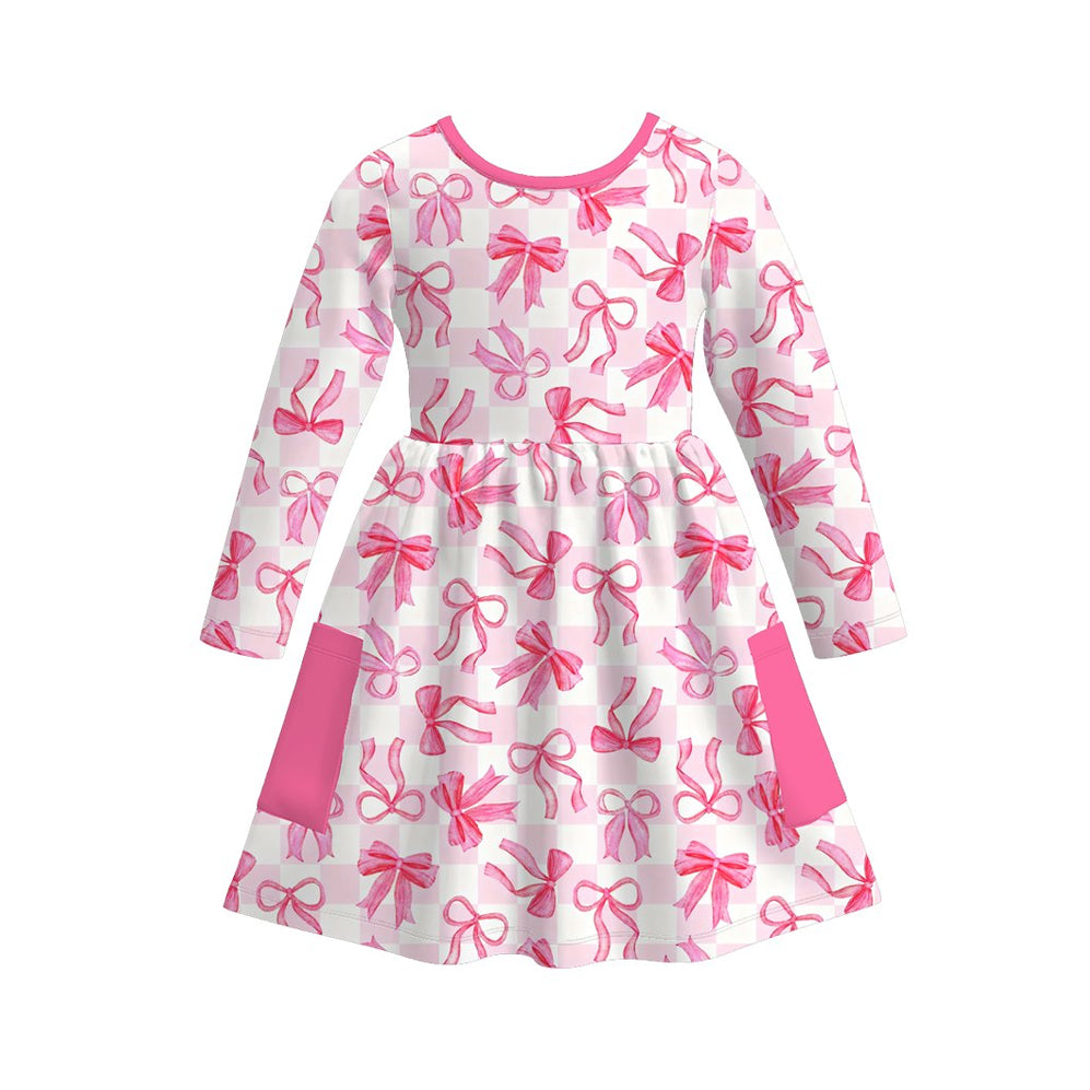 preorder GLD1554 Pink Bows Checkered Long Sleeve Girls Dress