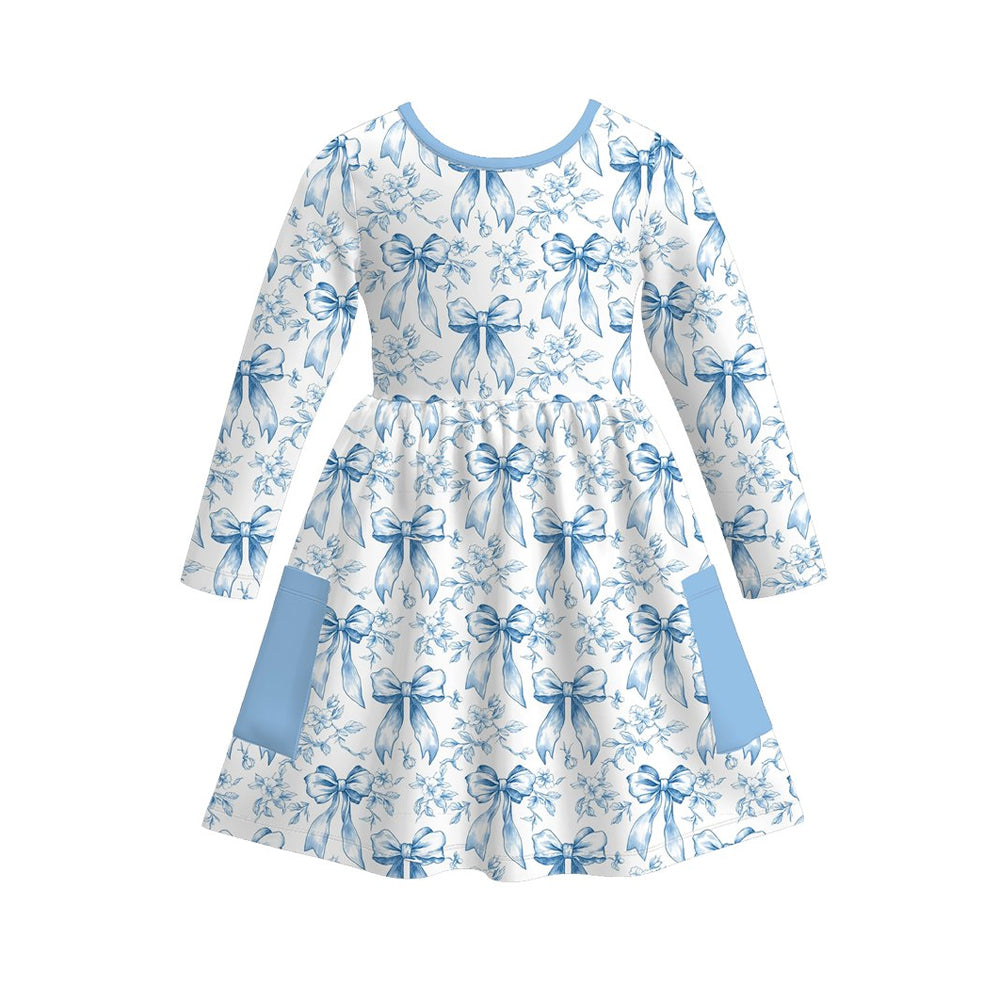 preorder GLD1555 Blue Bows Flowers Long Sleeve Girls Dress