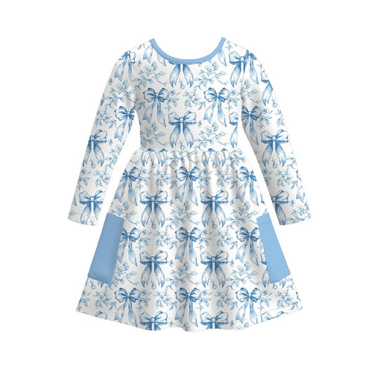 preorder GLD1555 Blue Bows Flowers Long Sleeve Girls Dress